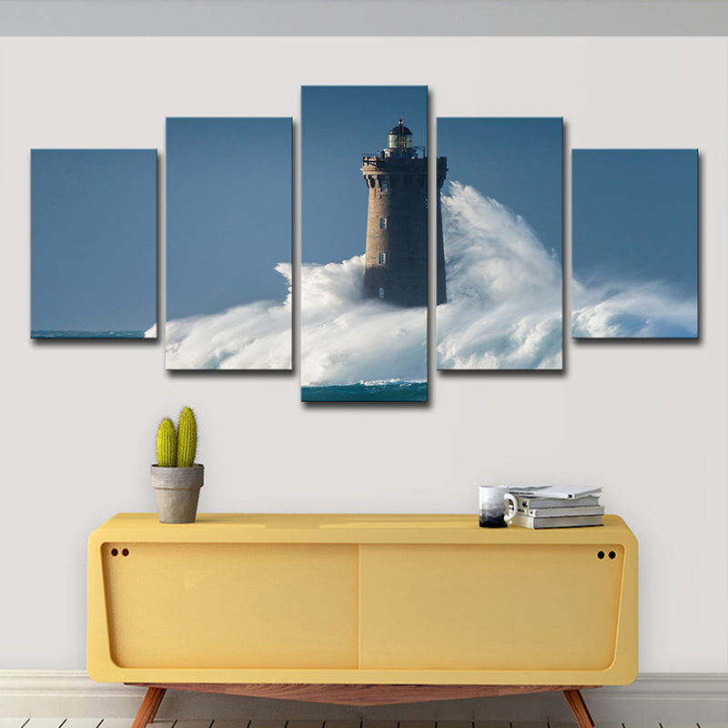 Canvas Multi-Piece Wall Art Contemporary Lighthouse Hit by Huge Waves Wall Decor in Blue Blue Clearhalo 'Art Gallery' 'Canvas Art' 'Contemporary Art Gallery' 'Modern' Arts' 1599294