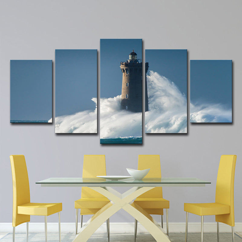 Canvas Multi-Piece Wall Art Contemporary Lighthouse Hit by Huge Waves Wall Decor in Blue Clearhalo 'Art Gallery' 'Canvas Art' 'Contemporary Art Gallery' 'Modern' Arts' 1599295