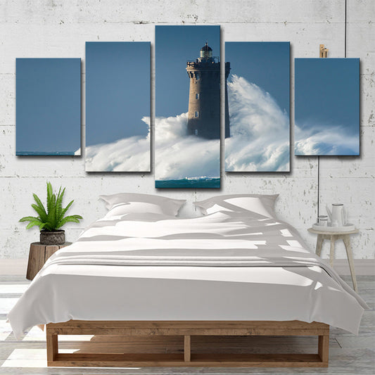 Canvas Multi-Piece Wall Art Contemporary Lighthouse Hit by Huge Waves Wall Decor in Blue Clearhalo 'Art Gallery' 'Canvas Art' 'Contemporary Art Gallery' 'Modern' Arts' 1599296