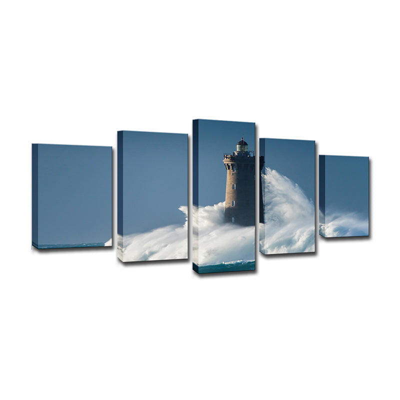 Canvas Multi-Piece Wall Art Contemporary Lighthouse Hit by Huge Waves Wall Decor in Blue Clearhalo 'Art Gallery' 'Canvas Art' 'Contemporary Art Gallery' 'Modern' Arts' 1599297
