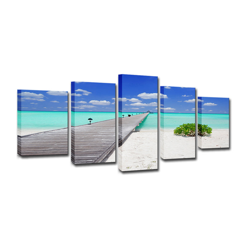 Tropical Beach Scenery Wall Art Blue Bridge Across Sea Canvas Print for Living Room Clearhalo 'Art Gallery' 'Canvas Art' 'Contemporary Art Gallery' 'Modern' Arts' 1599304