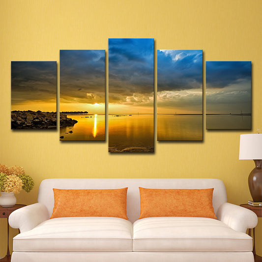 Modern Canvas Print Yellow River with Rock Shore at Sunset Scenery Wall Art Yellow Clearhalo 'Art Gallery' 'Canvas Art' 'Coastal Art Gallery' 'Nautical' Arts' 1599308