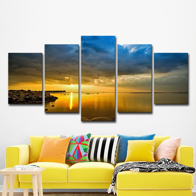 Modern Canvas Print Yellow River with Rock Shore at Sunset Scenery Wall Art Clearhalo 'Art Gallery' 'Canvas Art' 'Coastal Art Gallery' 'Nautical' Arts' 1599309