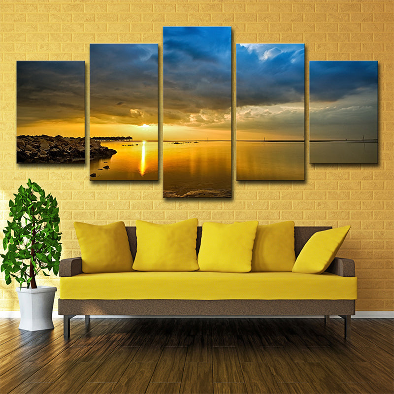 Modern Canvas Print Yellow River with Rock Shore at Sunset Scenery Wall Art Clearhalo 'Art Gallery' 'Canvas Art' 'Coastal Art Gallery' 'Nautical' Arts' 1599310
