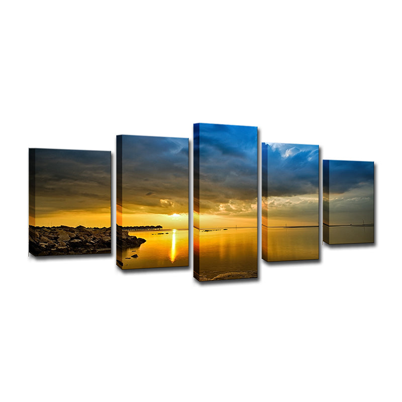 Modern Canvas Print Yellow River with Rock Shore at Sunset Scenery Wall Art Clearhalo 'Art Gallery' 'Canvas Art' 'Coastal Art Gallery' 'Nautical' Arts' 1599311
