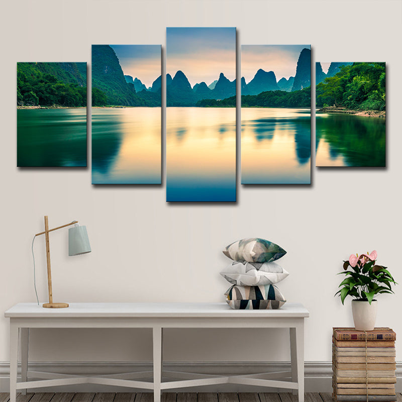 Green Mountains and River Canvas Multi-Piece Modernist Living Room Wall Art Green Clearhalo 'Art Gallery' 'Canvas Art' 'Contemporary Art Gallery' 'Modern' Arts' 1599322