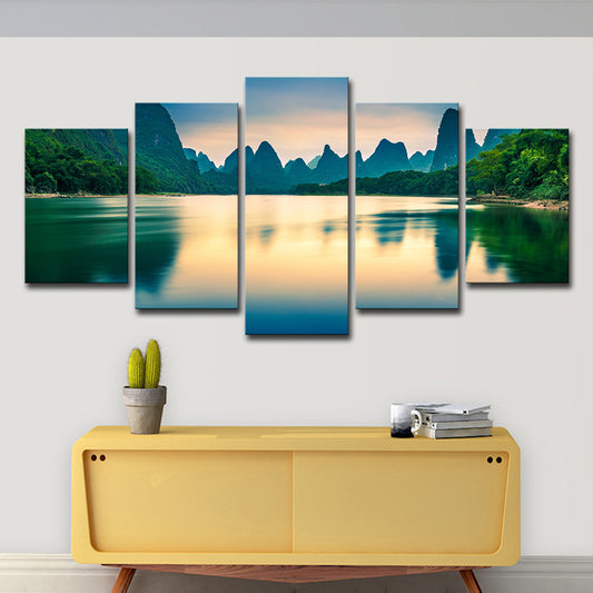 Green Mountains and River Canvas Multi-Piece Modernist Living Room Wall Art Clearhalo 'Art Gallery' 'Canvas Art' 'Contemporary Art Gallery' 'Modern' Arts' 1599323