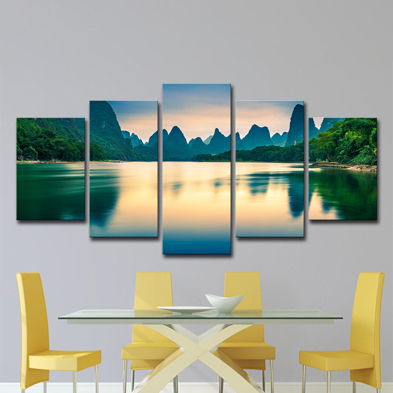 Green Mountains and River Canvas Multi-Piece Modernist Living Room Wall Art Clearhalo 'Art Gallery' 'Canvas Art' 'Contemporary Art Gallery' 'Modern' Arts' 1599324