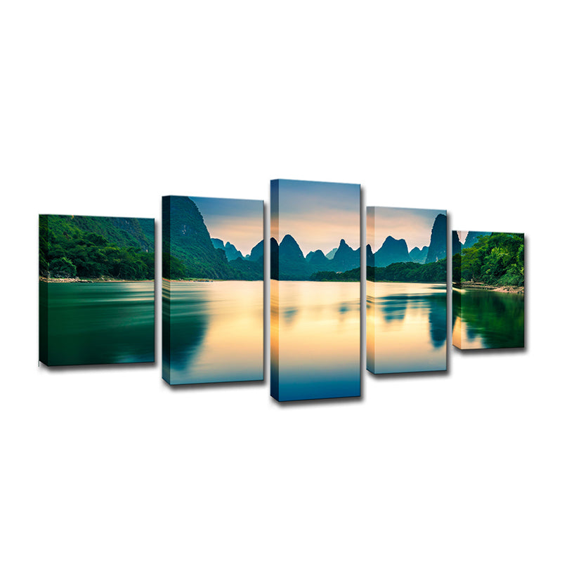 Green Mountains and River Canvas Multi-Piece Modernist Living Room Wall Art Clearhalo 'Art Gallery' 'Canvas Art' 'Contemporary Art Gallery' 'Modern' Arts' 1599325
