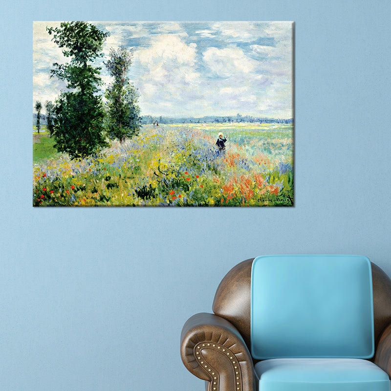 Sky Blue Modern Wall Art Kids in Flower World Scenery Canvas Painting for Bedroom Clearhalo 'Art Gallery' 'Canvas Art' 'Contemporary Art Gallery' 'Modern' Arts' 1599404