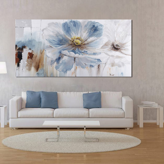 Minimalistic Big Bloom Flowers Painting Light-Blue Girls Room Canvas Wall Art Light Blue 24" x 48" Clearhalo 'Art Gallery' 'Canvas Art' 'Contemporary Art Gallery' 'Modern' Arts' 1599428