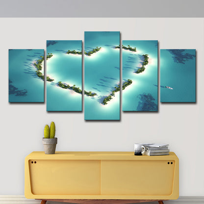 Tropix Aerial View Wall Art Blue Love-Heart Shaped Beach Plant Canvas Print Blue Clearhalo 'Art Gallery' 'Canvas Art' 'Contemporary Art Gallery' 'Modern' Arts' 1599480
