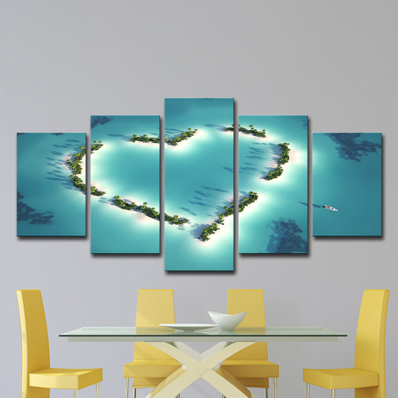 Tropix Aerial View Wall Art Blue Love-Heart Shaped Beach Plant Canvas Print Clearhalo 'Art Gallery' 'Canvas Art' 'Contemporary Art Gallery' 'Modern' Arts' 1599481