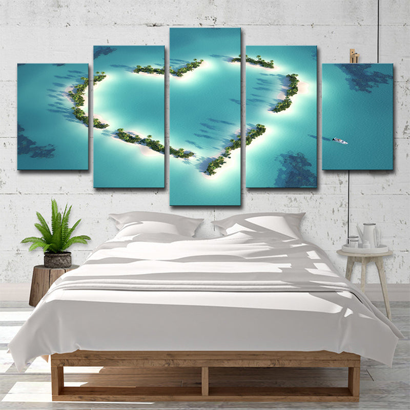 Tropix Aerial View Wall Art Blue Love-Heart Shaped Beach Plant Canvas Print Clearhalo 'Art Gallery' 'Canvas Art' 'Contemporary Art Gallery' 'Modern' Arts' 1599482