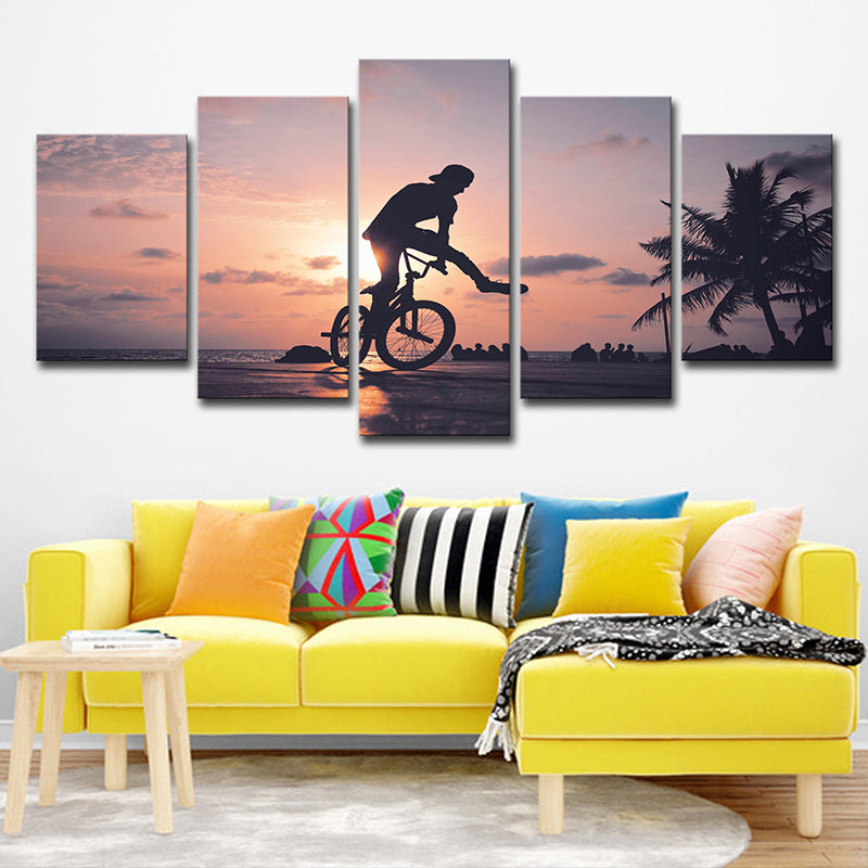 Tropical Sunset Bike Ride Canvas Grey and Orange Multi-Piece Wall Art for Apartment Grey Clearhalo 'Art Gallery' 'Canvas Art' 'Contemporary Art Gallery' 'Modern' Arts' 1599494
