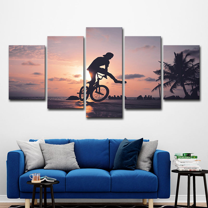 Tropical Sunset Bike Ride Canvas Grey and Orange Multi-Piece Wall Art for Apartment Clearhalo 'Art Gallery' 'Canvas Art' 'Contemporary Art Gallery' 'Modern' Arts' 1599495