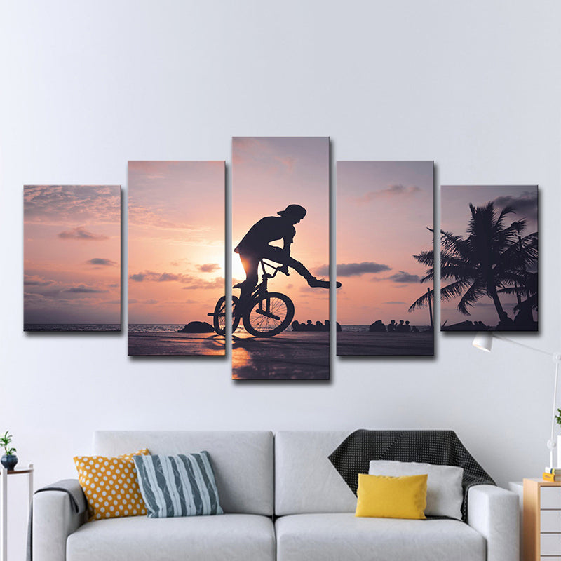 Tropical Sunset Bike Ride Canvas Grey and Orange Multi-Piece Wall Art for Apartment Clearhalo 'Art Gallery' 'Canvas Art' 'Contemporary Art Gallery' 'Modern' Arts' 1599496