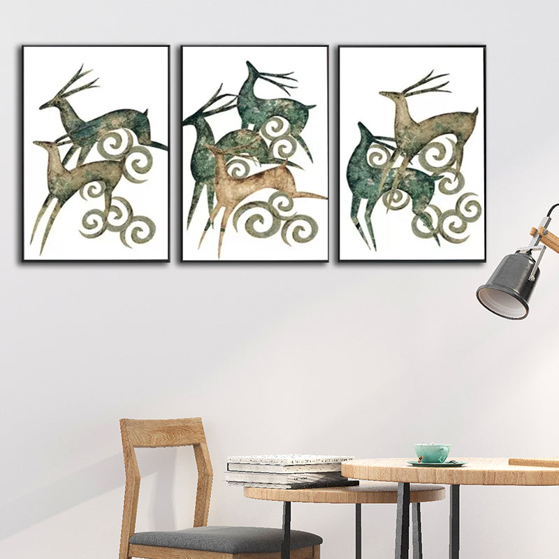 Green Deer Wall Art Set Wild Animal Nordic Textured Canvas Print for Dining Room Green Clearhalo 'Art Gallery' 'Canvas Art' 'Kids' Arts' 1599501