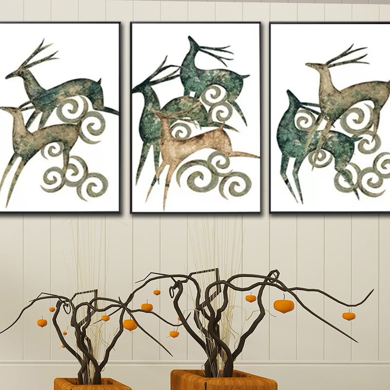 Green Deer Wall Art Set Wild Animal Nordic Textured Canvas Print for Dining Room Clearhalo 'Art Gallery' 'Canvas Art' 'Kids' Arts' 1599503