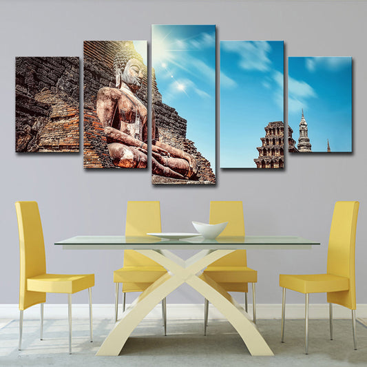 Longmen Grottoes Scenery Canvas Indoor Buddhism Wall Art Decor in Blue and Brown Blue Clearhalo 'Art Gallery' 'Canvas Art' 'Contemporary Art Gallery' 'Modern' Arts' 1599528