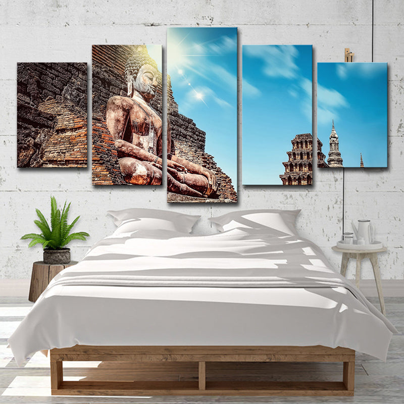 Longmen Grottoes Scenery Canvas Indoor Buddhism Wall Art Decor in Blue and Brown Clearhalo 'Art Gallery' 'Canvas Art' 'Contemporary Art Gallery' 'Modern' Arts' 1599529