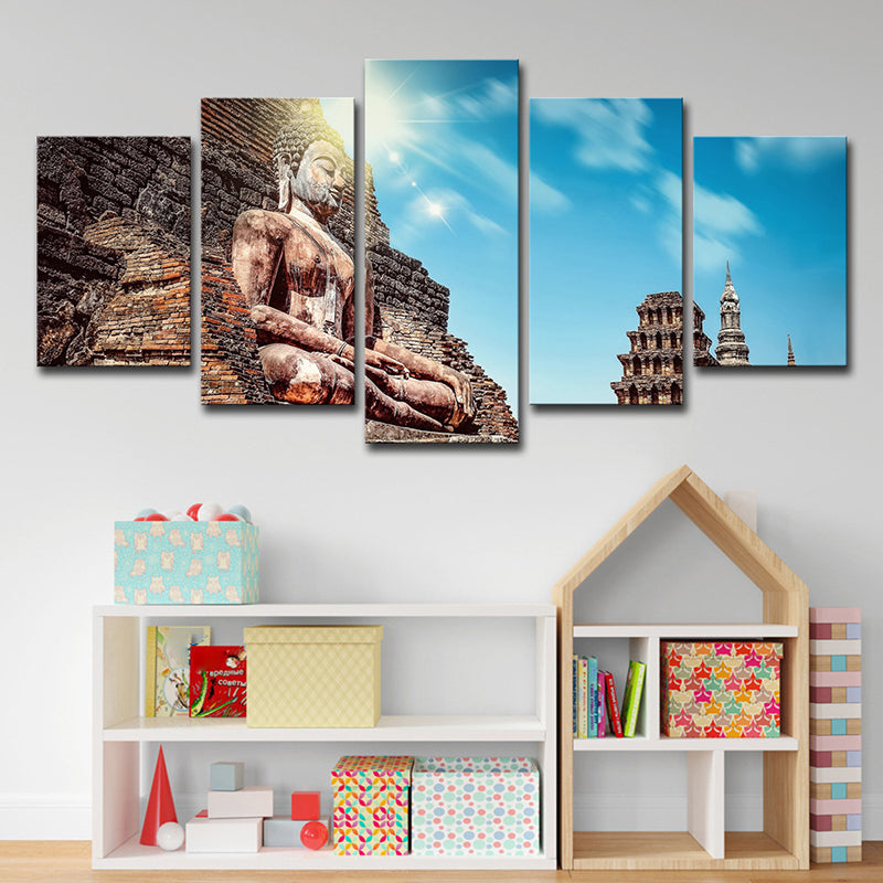 Longmen Grottoes Scenery Canvas Indoor Buddhism Wall Art Decor in Blue and Brown Clearhalo 'Art Gallery' 'Canvas Art' 'Contemporary Art Gallery' 'Modern' Arts' 1599530