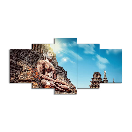 Longmen Grottoes Scenery Canvas Indoor Buddhism Wall Art Decor in Blue and Brown Clearhalo 'Art Gallery' 'Canvas Art' 'Contemporary Art Gallery' 'Modern' Arts' 1599531