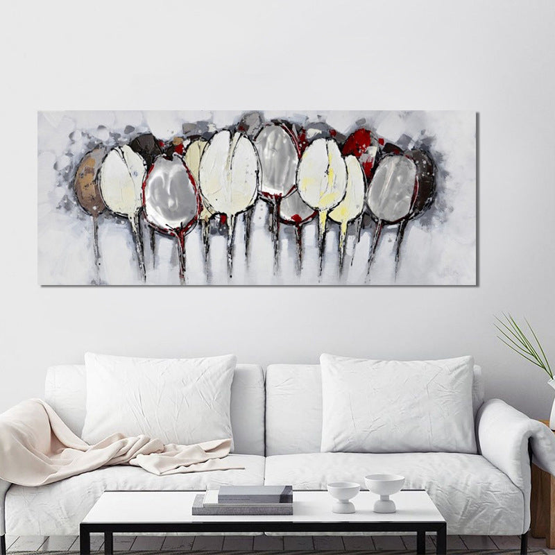 Extra Large Tulip Flowers Painting Modern Trendy Hand-Print Wall Art Decor in Grey Grey 24" x 48" Clearhalo 'Art Gallery' 'Canvas Art' 'Contemporary Art Gallery' 'Modern' Arts' 1599540