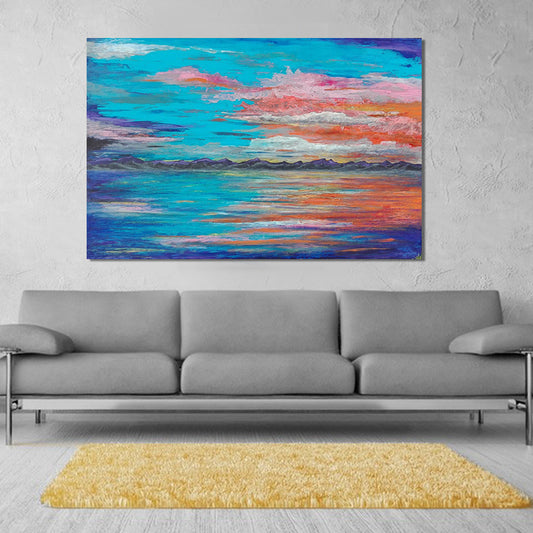 Blue Seascape Wall Art Evening Glow Painting Modern Textured Wrapped Canvas Blue 24" x 31" Clearhalo 'Art Gallery' 'Canvas Art' 'Contemporary Art Gallery' 'Modern' Arts' 1599545