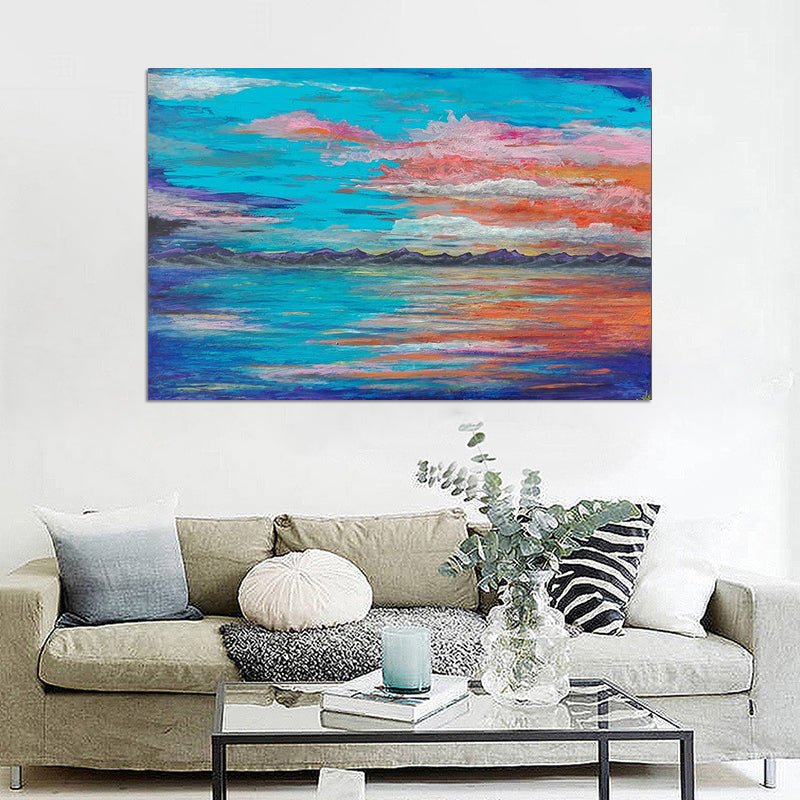 Blue Seascape Wall Art Evening Glow Painting Modern Textured Wrapped Canvas Clearhalo 'Art Gallery' 'Canvas Art' 'Contemporary Art Gallery' 'Modern' Arts' 1599546