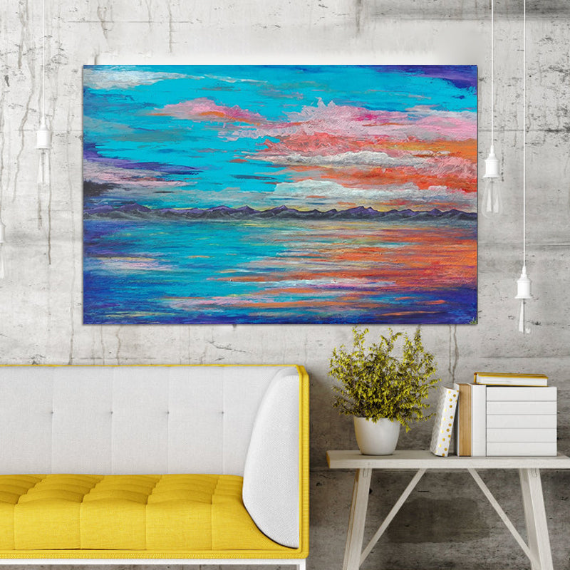 Blue Seascape Wall Art Evening Glow Painting Modern Textured Wrapped Canvas Clearhalo 'Art Gallery' 'Canvas Art' 'Contemporary Art Gallery' 'Modern' Arts' 1599547