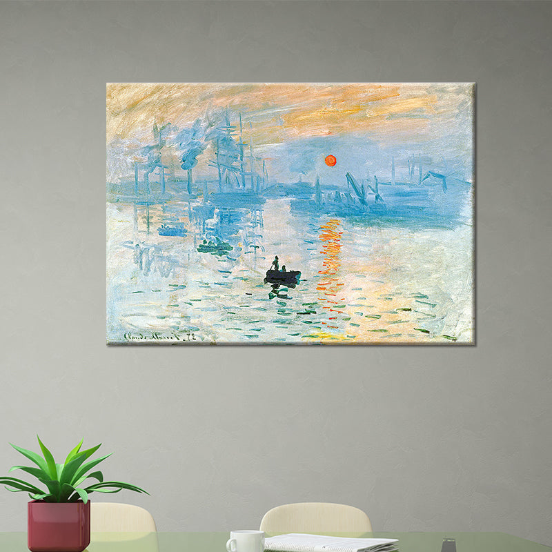 Blue Scenery Wall Art Decor Nightfall Boat on the River Modern Textured Painting Clearhalo 'Art Gallery' 'Canvas Art' 'Contemporary Art Gallery' 'Modern' Arts' 1599558