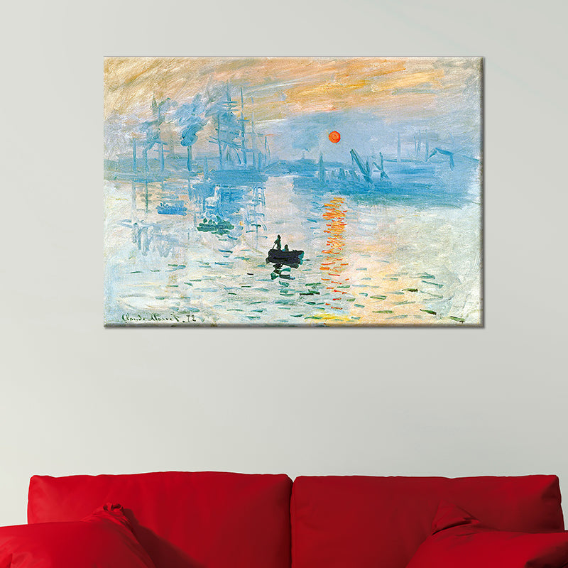 Blue Scenery Wall Art Decor Nightfall Boat on the River Modern Textured Painting Clearhalo 'Art Gallery' 'Canvas Art' 'Contemporary Art Gallery' 'Modern' Arts' 1599559