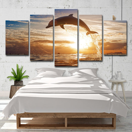 Brown Sunset Wall Art Decor Dolphin Jumping out of Sea Modern Multi-Piece Canvas Print Brown Clearhalo 'Art Gallery' 'Canvas Art' 'Contemporary Art Gallery' 'Modern' Arts' 1599605
