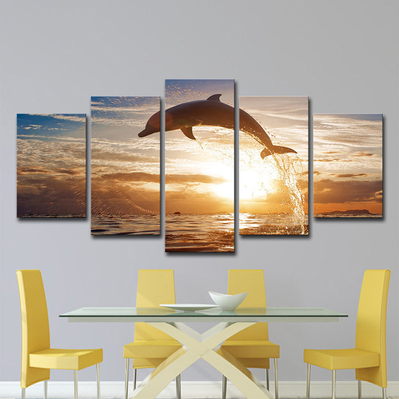 Brown Sunset Wall Art Decor Dolphin Jumping out of Sea Modern Multi-Piece Canvas Print Clearhalo 'Art Gallery' 'Canvas Art' 'Contemporary Art Gallery' 'Modern' Arts' 1599606