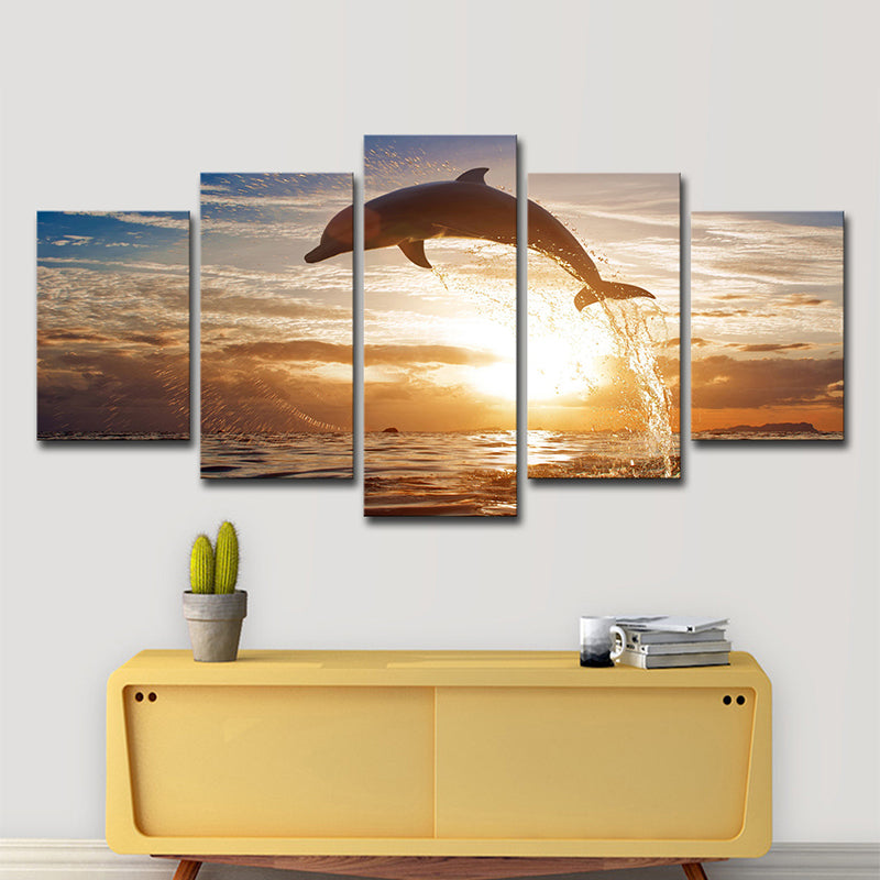 Brown Sunset Wall Art Decor Dolphin Jumping out of Sea Modern Multi-Piece Canvas Print Clearhalo 'Art Gallery' 'Canvas Art' 'Contemporary Art Gallery' 'Modern' Arts' 1599607