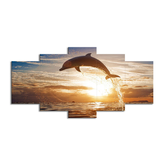 Brown Sunset Wall Art Decor Dolphin Jumping out of Sea Modern Multi-Piece Canvas Print Clearhalo 'Art Gallery' 'Canvas Art' 'Contemporary Art Gallery' 'Modern' Arts' 1599608