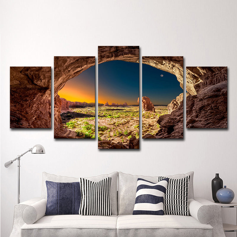 Brown Modern Style Wall Art Decor Sunset View from the Cave Canvas for Living Room Clearhalo 'Art Gallery' 'Canvas Art' 'Contemporary Art Gallery' 'Modern' Arts' 1599620