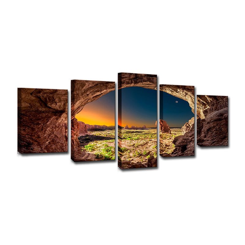 Brown Modern Style Wall Art Decor Sunset View from the Cave Canvas for Living Room Clearhalo 'Art Gallery' 'Canvas Art' 'Contemporary Art Gallery' 'Modern' Arts' 1599622