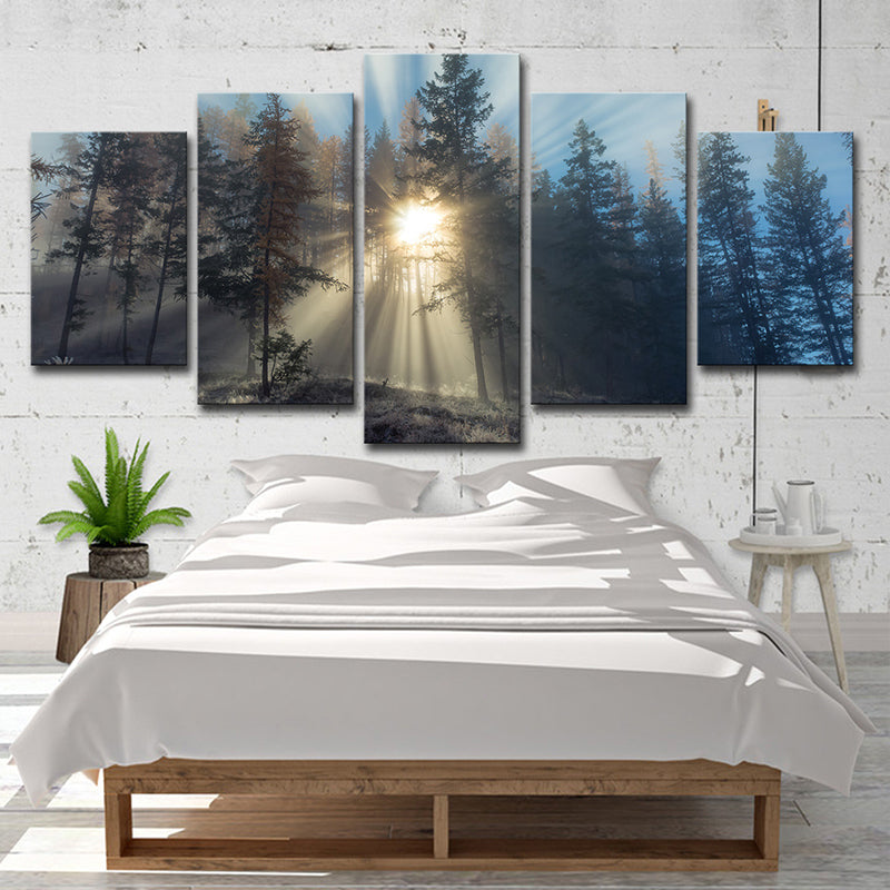 Sunshine in Misty Forest Art Print Blue Modernist Wall Decor for Bedroom, Multi-Piece Blue Clearhalo 'Art Gallery' 'Canvas Art' 'Contemporary Art Gallery' 'Modern' Arts' 1599633