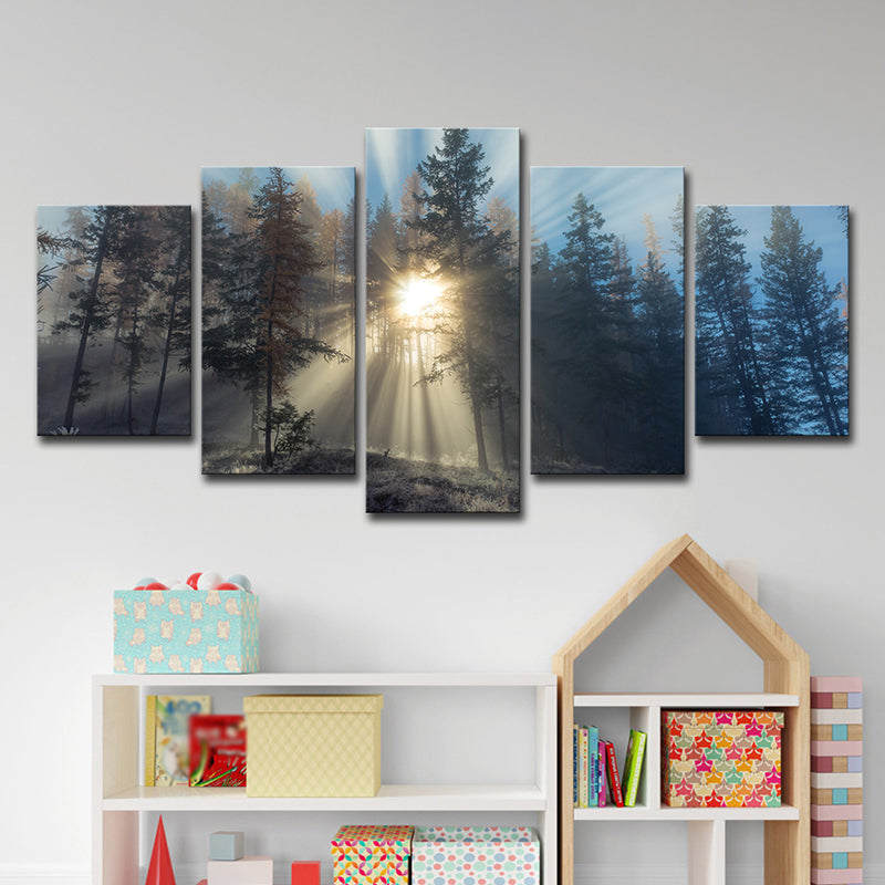 Sunshine in Misty Forest Art Print Blue Modernist Wall Decor for Bedroom, Multi-Piece Clearhalo 'Art Gallery' 'Canvas Art' 'Contemporary Art Gallery' 'Modern' Arts' 1599634