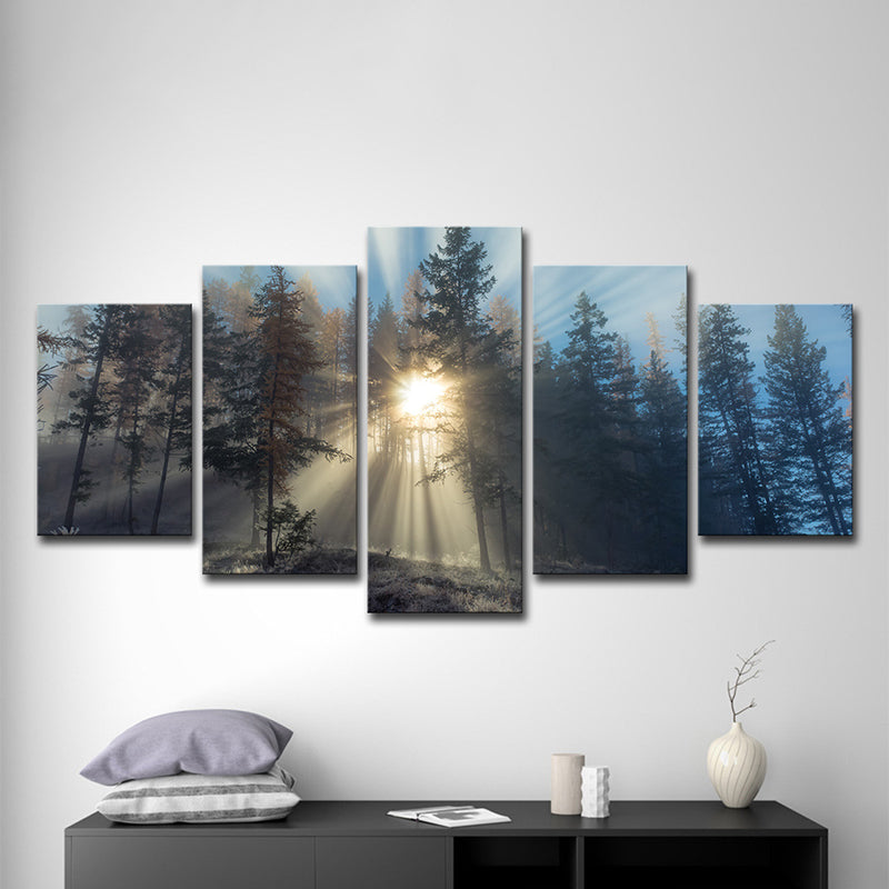 Sunshine in Misty Forest Art Print Blue Modernist Wall Decor for Bedroom, Multi-Piece Clearhalo 'Art Gallery' 'Canvas Art' 'Contemporary Art Gallery' 'Modern' Arts' 1599635