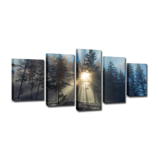 Sunshine in Misty Forest Art Print Blue Modernist Wall Decor for Bedroom, Multi-Piece Clearhalo 'Art Gallery' 'Canvas Art' 'Contemporary Art Gallery' 'Modern' Arts' 1599636