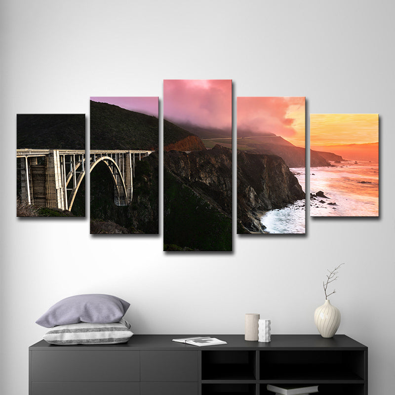 Sunset Landscape Wall Art Decor for Home Bridge Across Stone Bay Canvas in Black, Multi-Piece Clearhalo 'Art Gallery' 'Canvas Art' 'Contemporary Art Gallery' 'Modern' Arts' 1599646