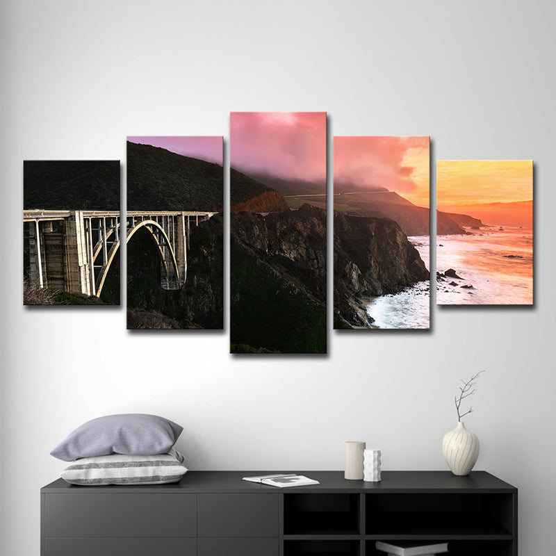 Sunset Landscape Wall Art Decor for Home Bridge Across Stone Bay Canvas in Black, Multi-Piece Clearhalo 'Art Gallery' 'Canvas Art' 'Contemporary Art Gallery' 'Modern' Arts' 1599646
