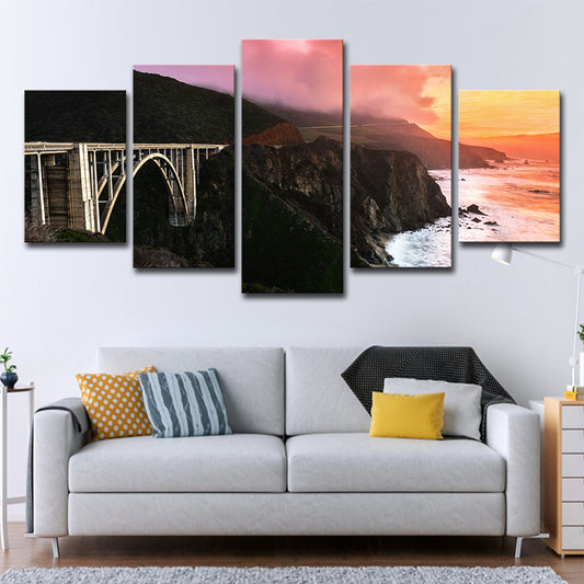 Sunset Landscape Wall Art Decor for Home Bridge Across Stone Bay Canvas in Black, Multi-Piece Clearhalo 'Art Gallery' 'Canvas Art' 'Contemporary Art Gallery' 'Modern' Arts' 1599647
