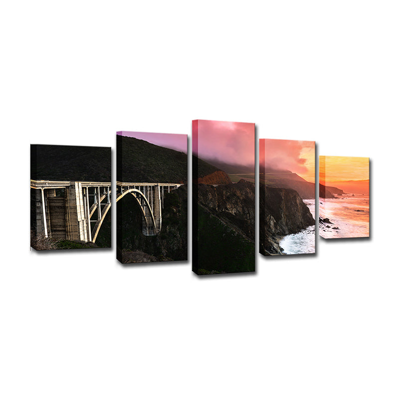 Sunset Landscape Wall Art Decor for Home Bridge Across Stone Bay Canvas in Black, Multi-Piece Clearhalo 'Art Gallery' 'Canvas Art' 'Contemporary Art Gallery' 'Modern' Arts' 1599648