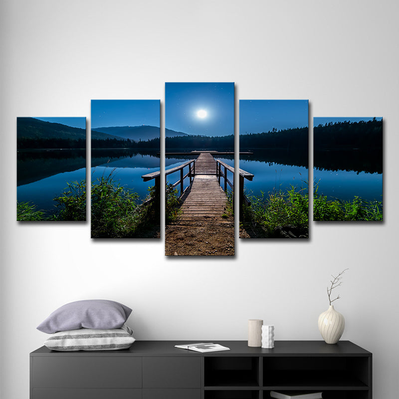 Contemporary Canvas Print Blue Bridge to the River at Full Moon Night Wall Art Decor Clearhalo 'Art Gallery' 'Canvas Art' 'Contemporary Art Gallery' 'Modern' Arts' 1599653