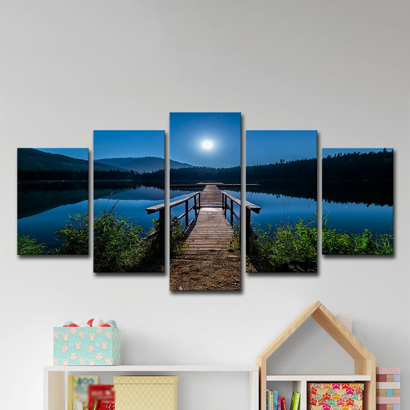 Contemporary Canvas Print Blue Bridge to the River at Full Moon Night Wall Art Decor Clearhalo 'Art Gallery' 'Canvas Art' 'Contemporary Art Gallery' 'Modern' Arts' 1599654