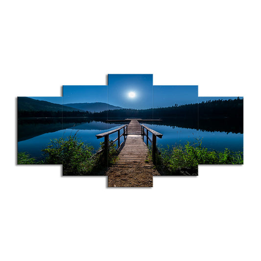 Contemporary Canvas Print Blue Bridge to the River at Full Moon Night Wall Art Decor Clearhalo 'Art Gallery' 'Canvas Art' 'Contemporary Art Gallery' 'Modern' Arts' 1599655